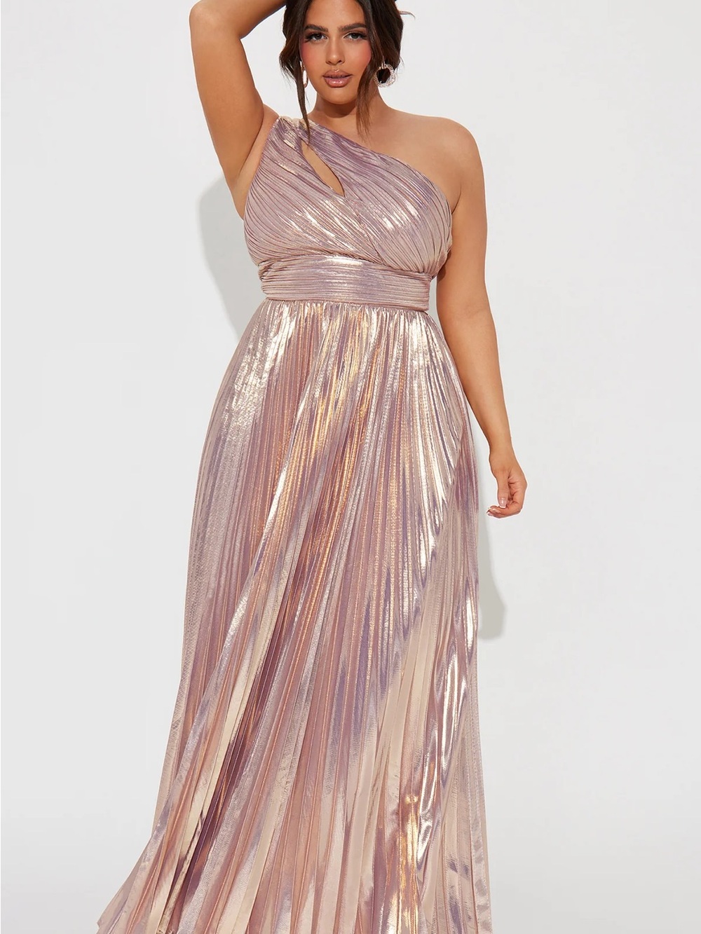 Fashion Nova One-Shoulder Metallic Rosegold Pleated Maxi Dress